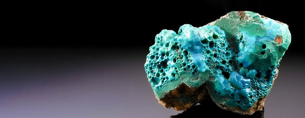 Chrysocolla is rare precious natural geological stone on gradient background in low key, isolate. AI generated.