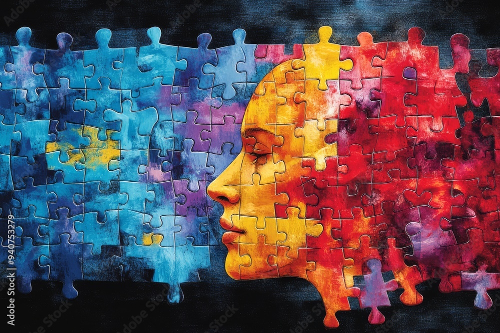 Poster surreal digital portrait of a woman with fragmented puzzle pieces forming her face symbolizing cogni