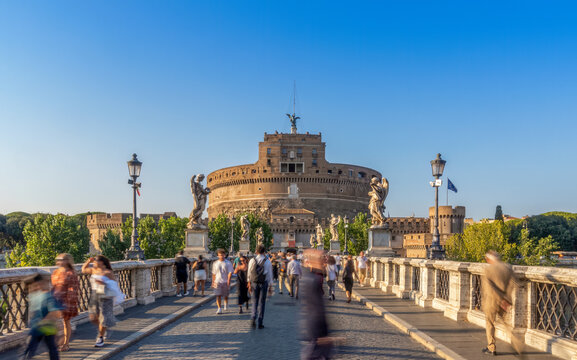 View of Castle Sant'Angelo from Bridge of Angels in Rome, Italy