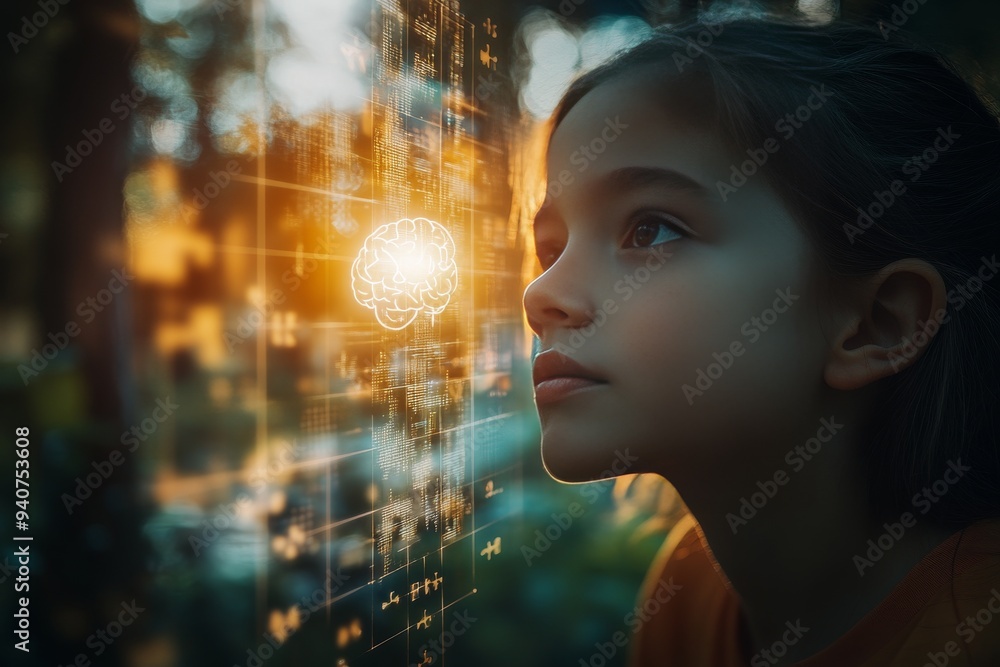 Poster futuristic digital portrait of a young girl with a glowing brain symbolizing intelligence cognitive 