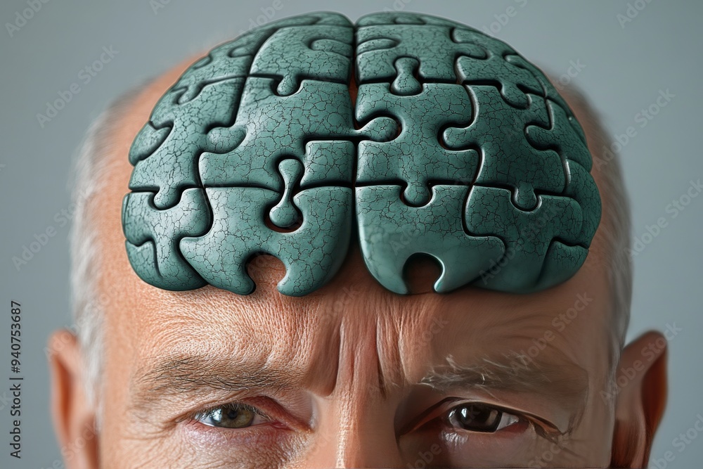 Poster textured digital portrait of an elderly man with puzzle pieces forming his head symbolizing memory c