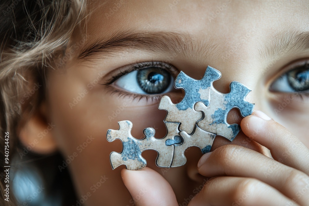 Poster surreal digital portrait of a child with a puzzle piece symbolizing cognitive development problem so