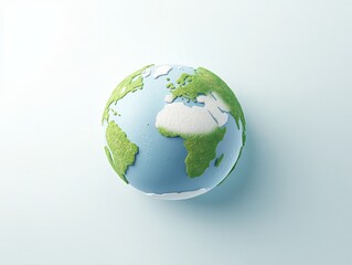 Fototapeta premium High angle view of a miniature model of Earth with continents and oceans on a light blue background, representing global concepts.