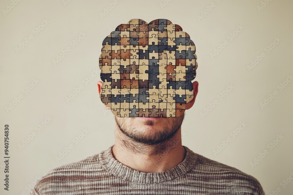 Aufkleber surreal digital portrait of a man with puzzle pieces forming his face symbolizing cognitive complexi