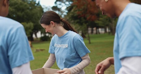 High five, volunteer and people in park for teamwork at charity event, community service and planning. Volunteering, happy and men and women celebrate for donation, ngo programme and food drive