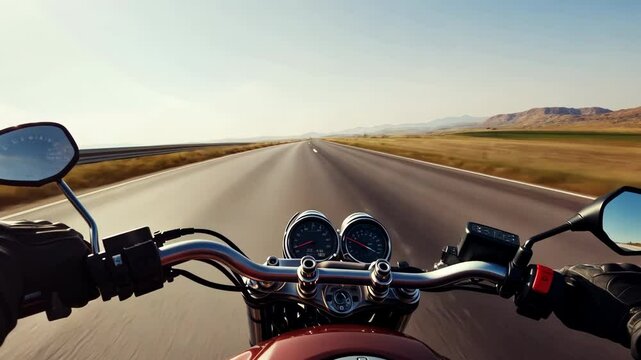 A motorcyclist is racing at high speed, filmed with a breathtaking first-person view. A dynamic scene of a motorcyclist's fast ride on the road.