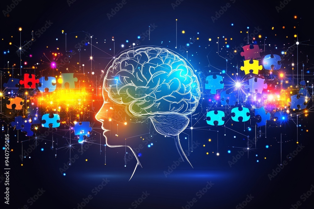 Poster futuristic digital illustration of a glowing brain and neural connections symbolizing intelligence c