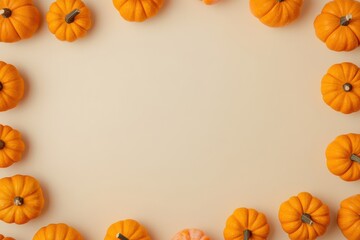 Fototapeta premium Small orange pumpkins arranged in a border on a light beige background