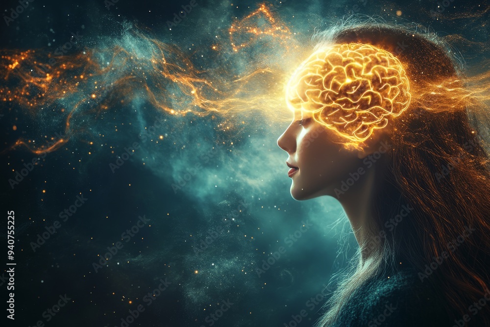 Poster futuristic digital portrait of a woman with a glowing brain and neural pathways symbolizing intellig