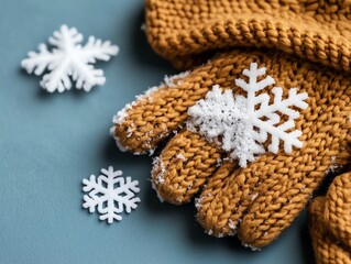 Closeup of snowflakes melting on a woolen glove, focus on winter fashion and seasonal details, cozy outdoor scene