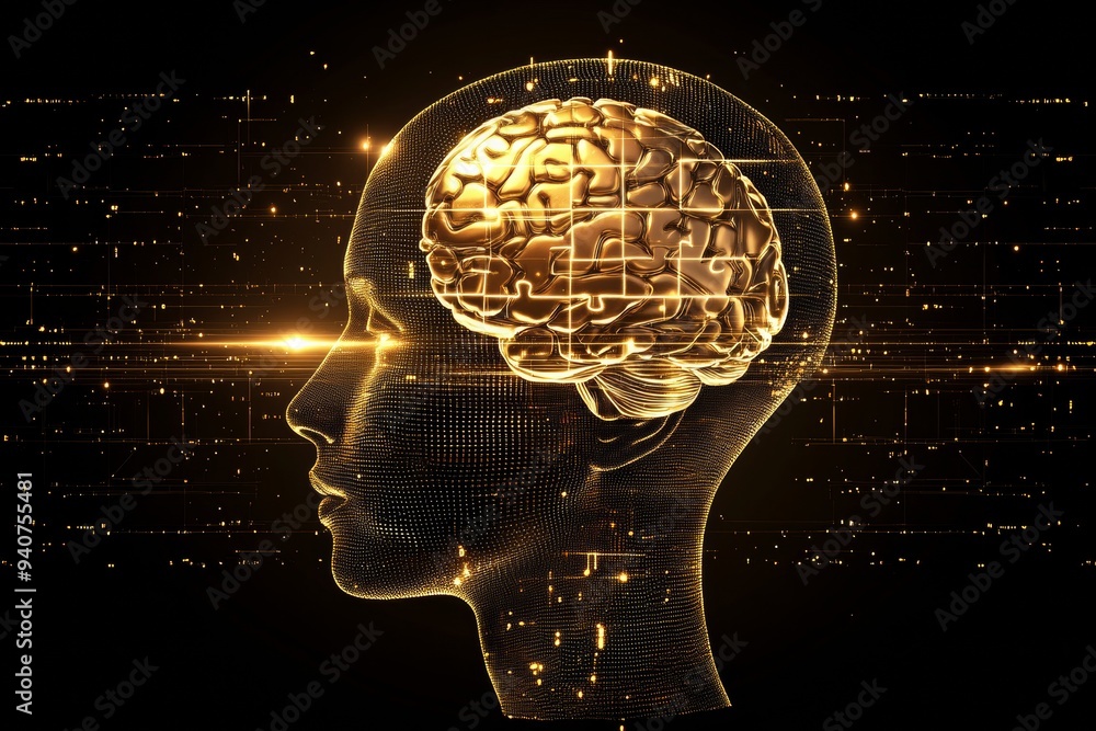 Poster futuristic digital portrait of a human head with a glowing brain and neural pathways symbolizing int
