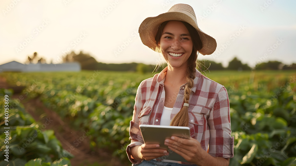 Wall mural a beautiful young female farmer smiles while holding her tablet in the middle of an organic farm fie