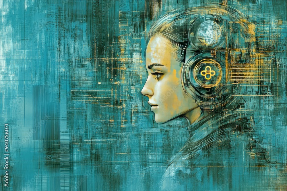 Aufkleber abstract digital portrait of a woman with glitch effects and neural connections symbolizing mental h