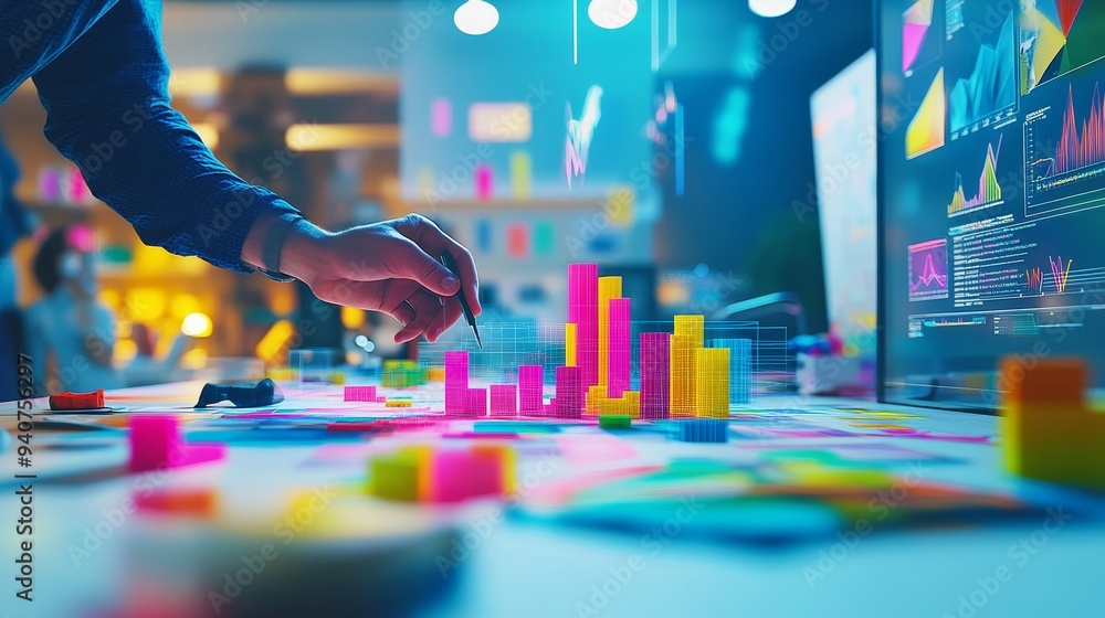 Poster a hand points to colorful bar charts on a table, representing data analysis and business strategy.