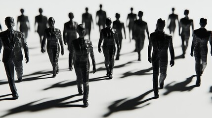 Obraz premium A group of shadowy figures walking in a white space, symbolizing anonymity and the collective.