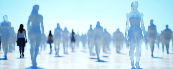 A group of translucent figures walking in a ethereal landscape.