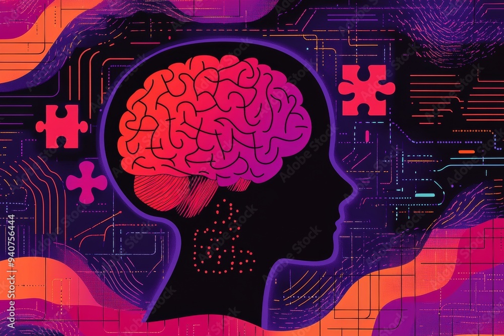 Poster abstract digital portrait of a man with brain graphics and glitch effects symbolizing cognitive comp