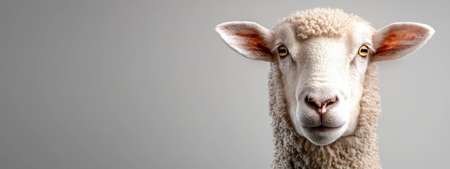 Fototapeta premium A tight shot of a sheep's face against a gray backdrop, with a white wall in the distance