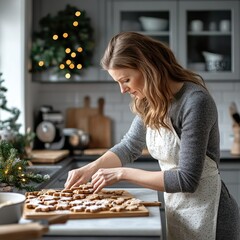 Eine Frau steht in der K&uuml;che und backt Weihnachtspl&auml;tzchen