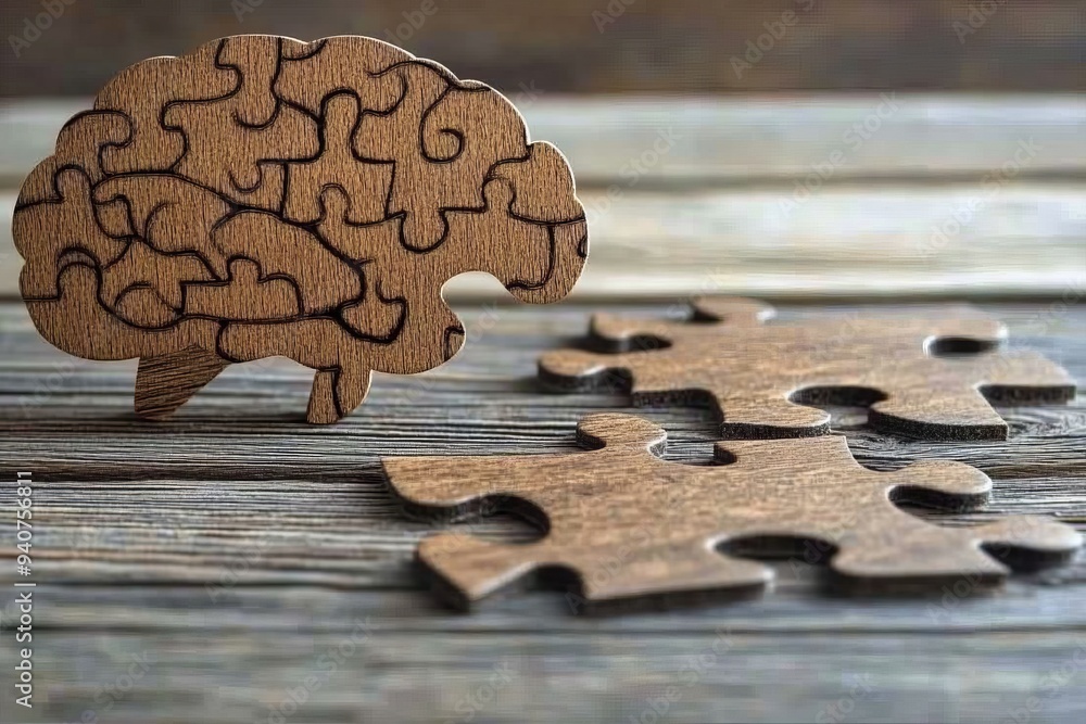 Poster rustic digital illustration of a wooden brain puzzle symbolizing cognitive function problem solving 