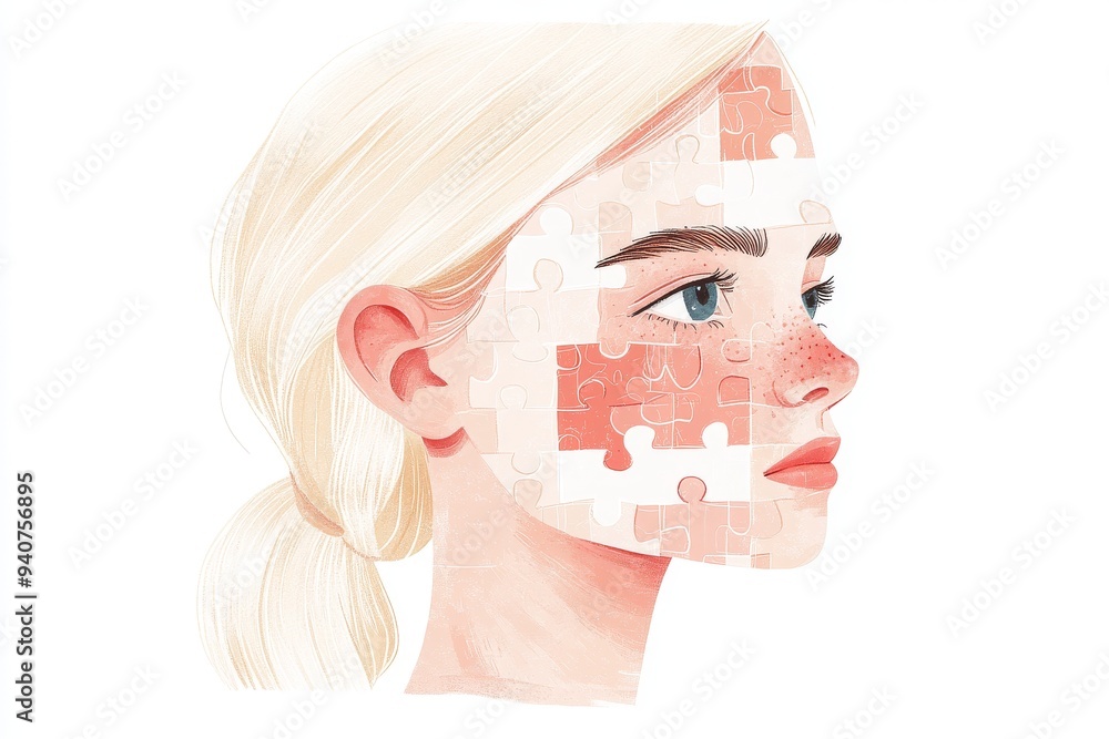 Aufkleber minimalist digital illustration of a woman with fragmented facial features and puzzle pieces symboli