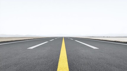 Fototapeta premium A long, straight road with a yellow dividing line stretches out into the distance. The road is empty and the sky is overcast.