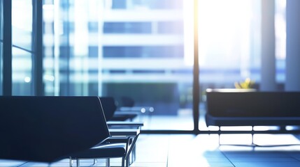 A modern office waiting area with chairs and a large window overlooking a city skyline. Sunlight streams through the window, creating a bright and airy atmosphere.