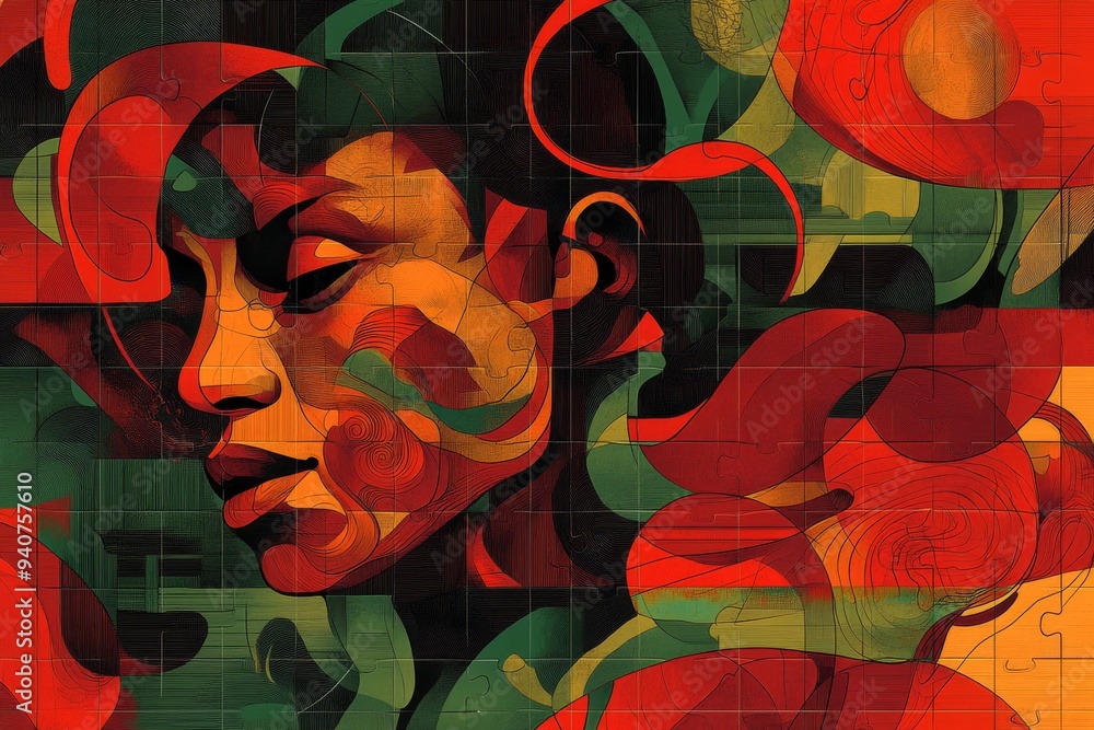 Poster pop art inspired digital portrait of a man with vibrant puzzle pieces symbolizing mental health iden