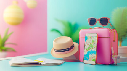 Mobile phone or smartphone with palm Beach chair, inflatable flamingo, needle, umbrella, sandals, airplane isolated on bright background. Summer travel concept, 3D or 3D illustration