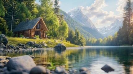 Fototapeta premium A picturesque wooden cabin sits on the edge of a serene lake, surrounded by lush forests and majestic mountains. The sun shines brightly, reflecting off the calm water.