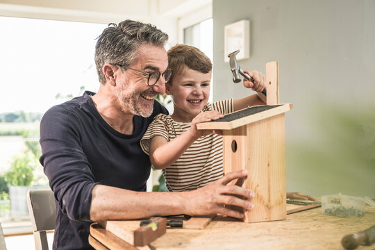 Cheerful boy timbering birdhouse by grandfather at home