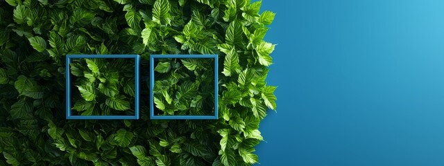  Blue frames atop a wall, surrounded by leafy green plants and adjacent to a blue backdrop