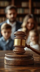 Family Law Concept: Judge's Gavel with Divorcing Parents and Child Silhouette. Legal Representation in Custody Battles, Alimony Negotiations, and Fair Asset Division. Civil Court Proceedings for Equit