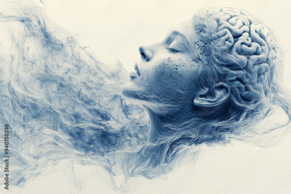 Aufkleber surreal digital portrait of a woman with a glowing brain and ethereal elements symbolizing intellige