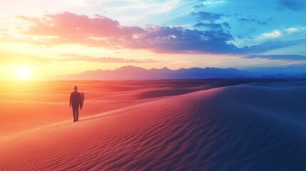 A solitary figure walks across a vast desert landscape under a vibrant sunset sky.