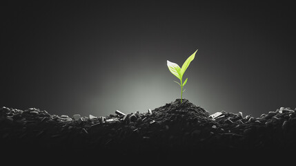 A plant sapling growing out of Biochar charcoal