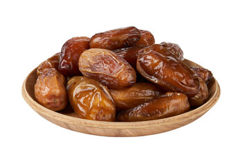 closeup pile of dry date palm fruit isolated on white background in wood bowl