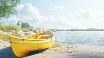 A yellow canoe sits on a sandy beach with blue water and a clear sky.
