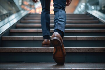 A man wearing brown shoes is walking up a set of stairs