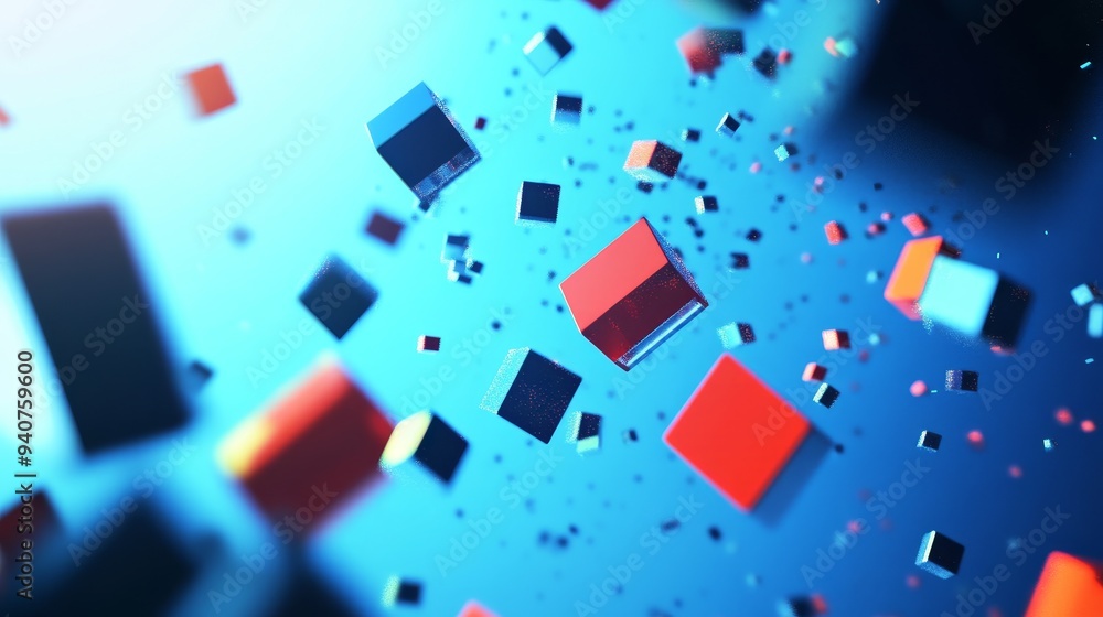 Poster abstract blue background with floating colorful cubes.