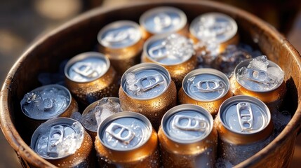 Bucket of Ice and Cold Beer Cans Ready for Refreshment