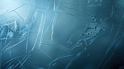 Abstract natural ice texture. Freezy ice surface. Blue backdrop with cracks and scratches on frozen water. Banner