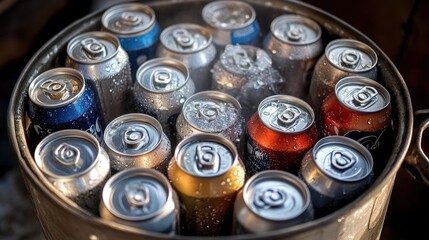 Bucket of Ice and Cold Beer Cans Ready for Refreshment