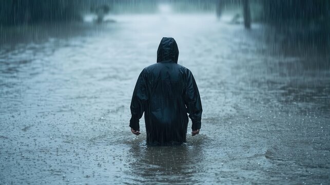 A lone figure wading through knee deep floodwaters under a relentless downpour, the hazard clearly visible as the rain continues unabated and the water rises