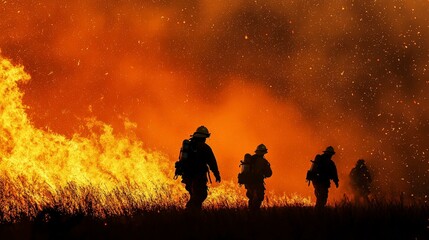 Fototapeta premium Silhouettes of brave firefighters walking past a raging wildfire at night with intense orange flames and smoke.