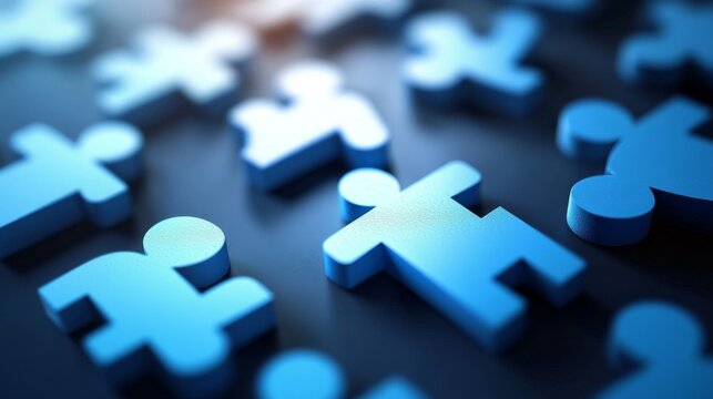 Blue puzzle pieces shaped as people, close-up.  Concept for teamwork, unity, or human resources.