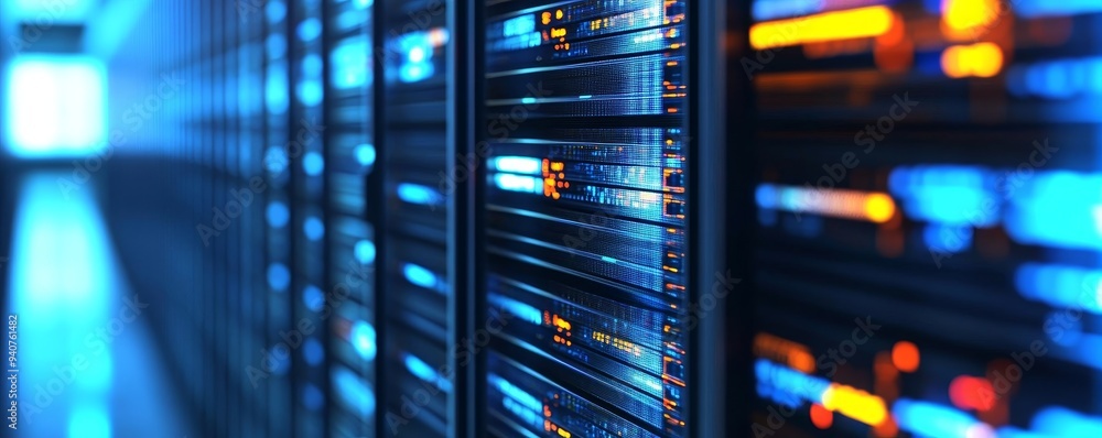 Poster close-up of server racks in a data center. rows of glowing lights illuminate the interior of the ser