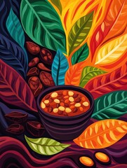Obraz premium A vibrant illustration showing cocoa merging with antioxidant rich ingredients, radiating happiness and positivity, with swirling colors representing elevated mood