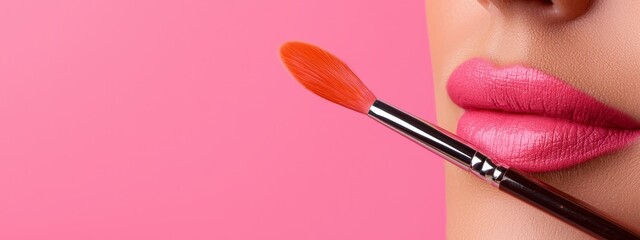  A tight shot of a woman's face, her gaze intense Nearby, a makeup brush and a tube of pink lipstick lie in wait