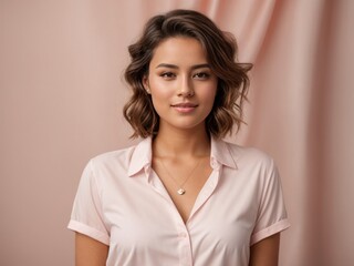 Obraz premium young women in pink shirt on pastel pink background